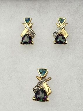 STS 10K Gold Mystic Topaz Opal Diamond Earrings & Pendant Set